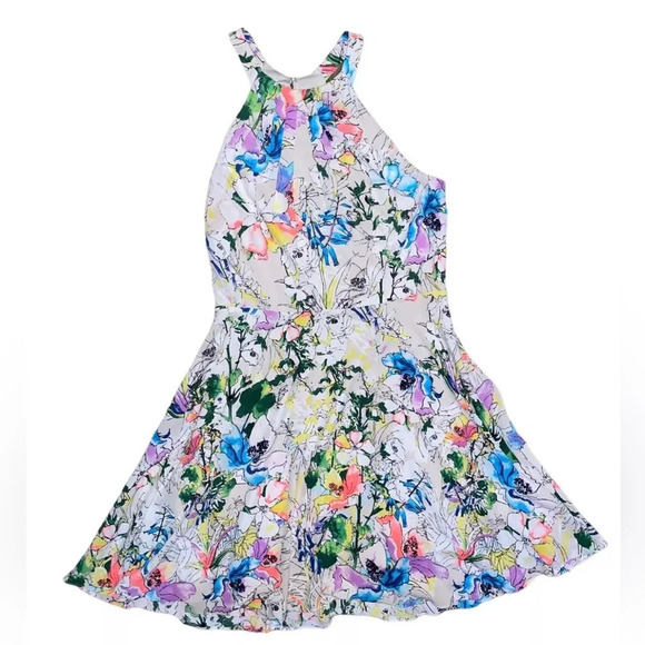 Express Neon Watercolor Floral Dress A Line Halter-neck Size 8 Preppy Summer - Picture 1 of 7